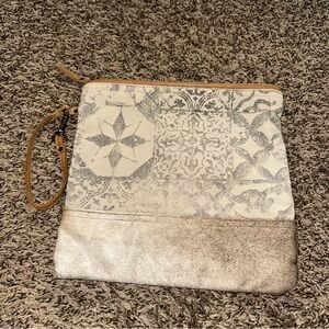 Myra Bag Beige and Gray Patterned Wristlet